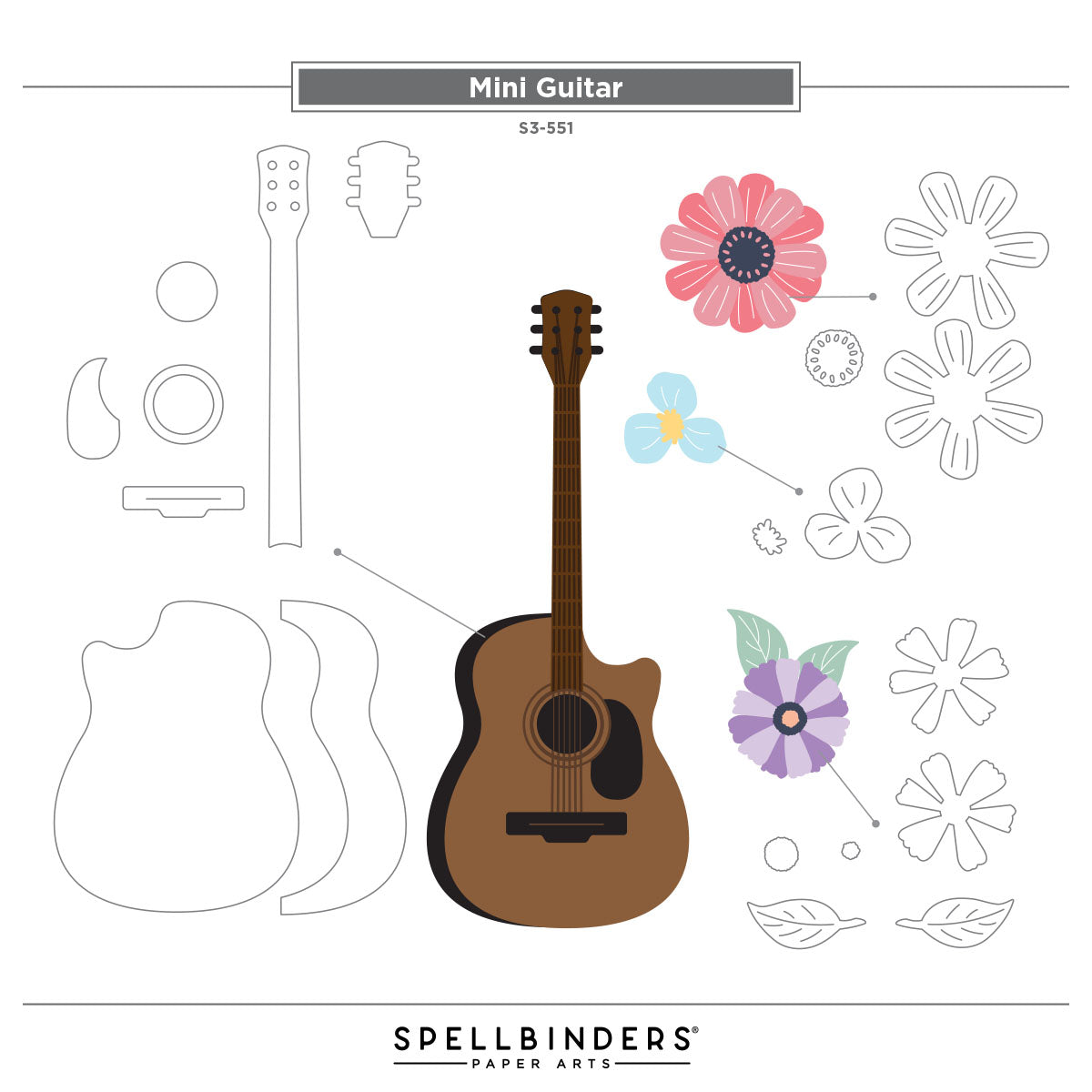 Spellbinders Mini Guitar Etched Dies s3-551 mini guitar