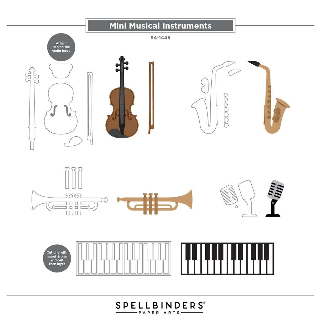 Spellbinders Mini Musical Instruments Etched Dies s4-1445 pieces