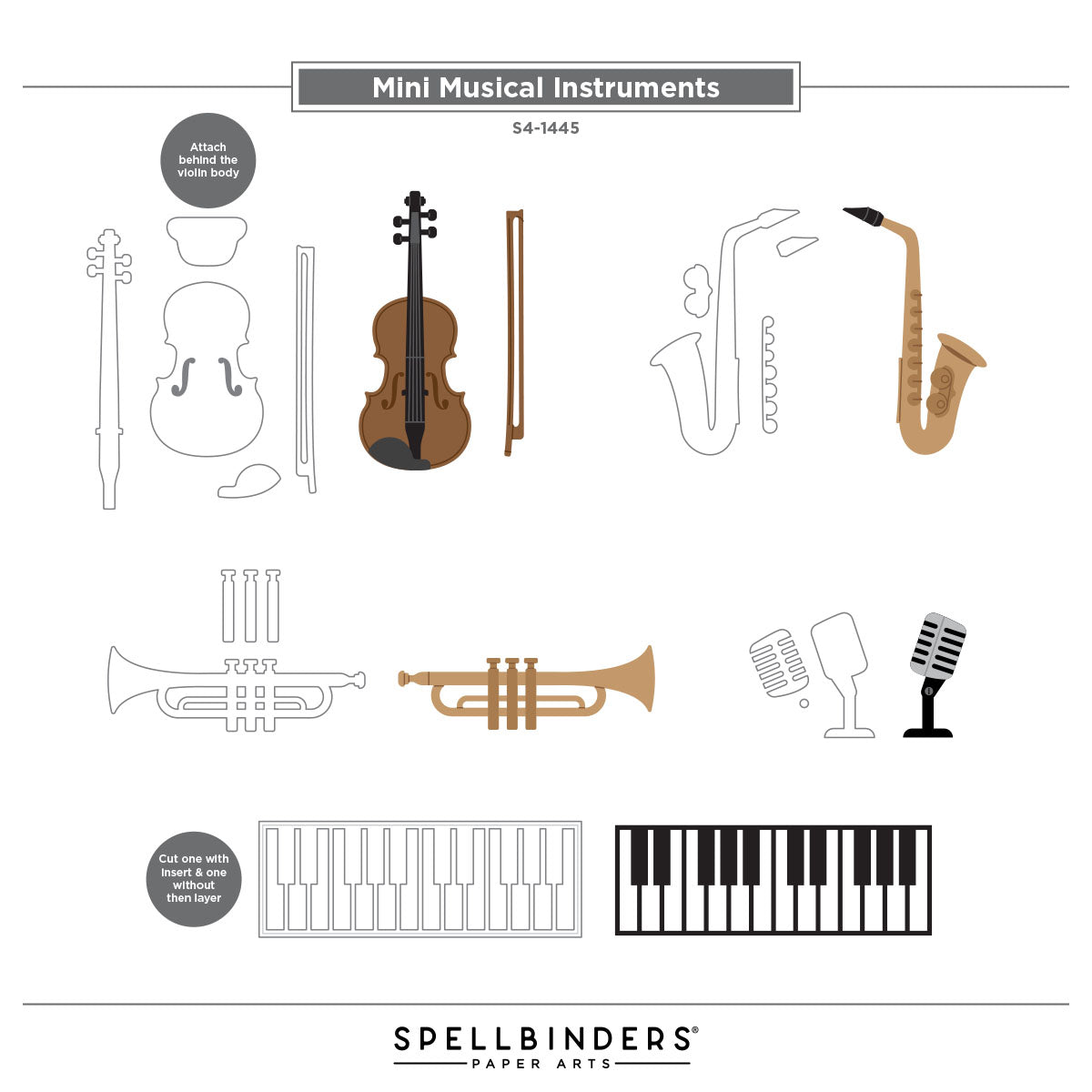 Spellbinders Mini Musical Instruments Etched Dies s4-1445 pieces