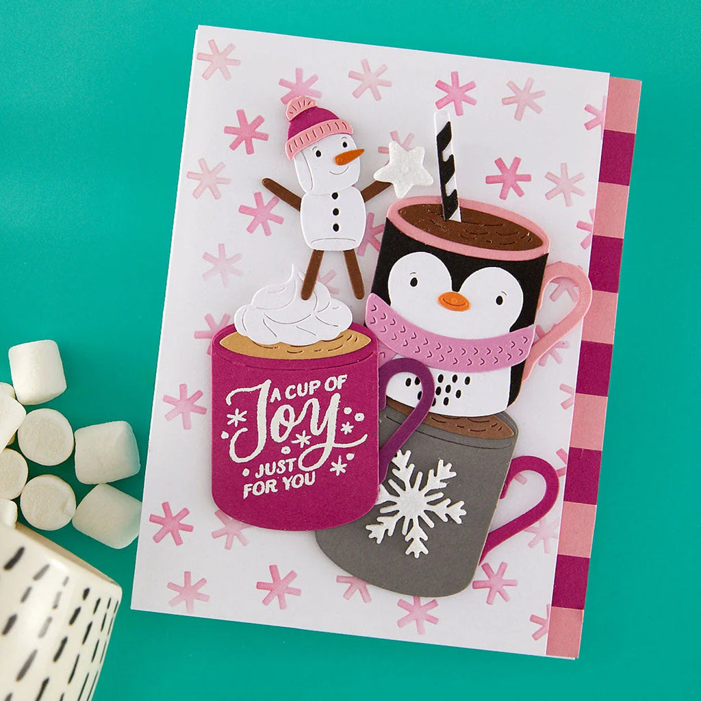 Spellbinders Mug Friends Etched Dies s4-1477 penguin cup snowman with pink hat a cup of joy card