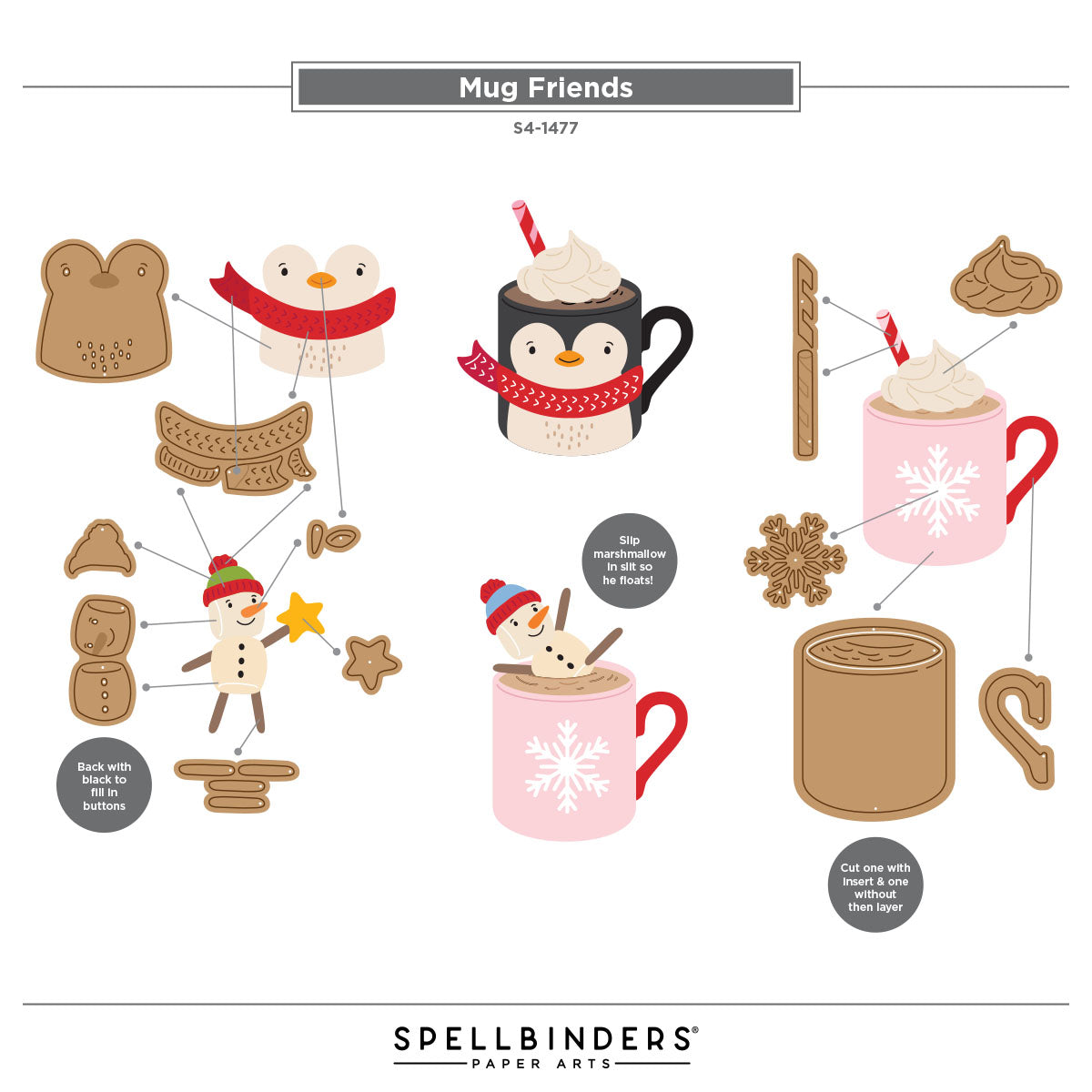 Spellbinders Mug Friends Etched Dies s4-1477 penguin snowman hot chocolate