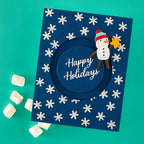 Spellbinders Mugs and Kisses Sentiments Clear Stamp Set stp-260 snowman with blue hat snowflakes happy holidays card