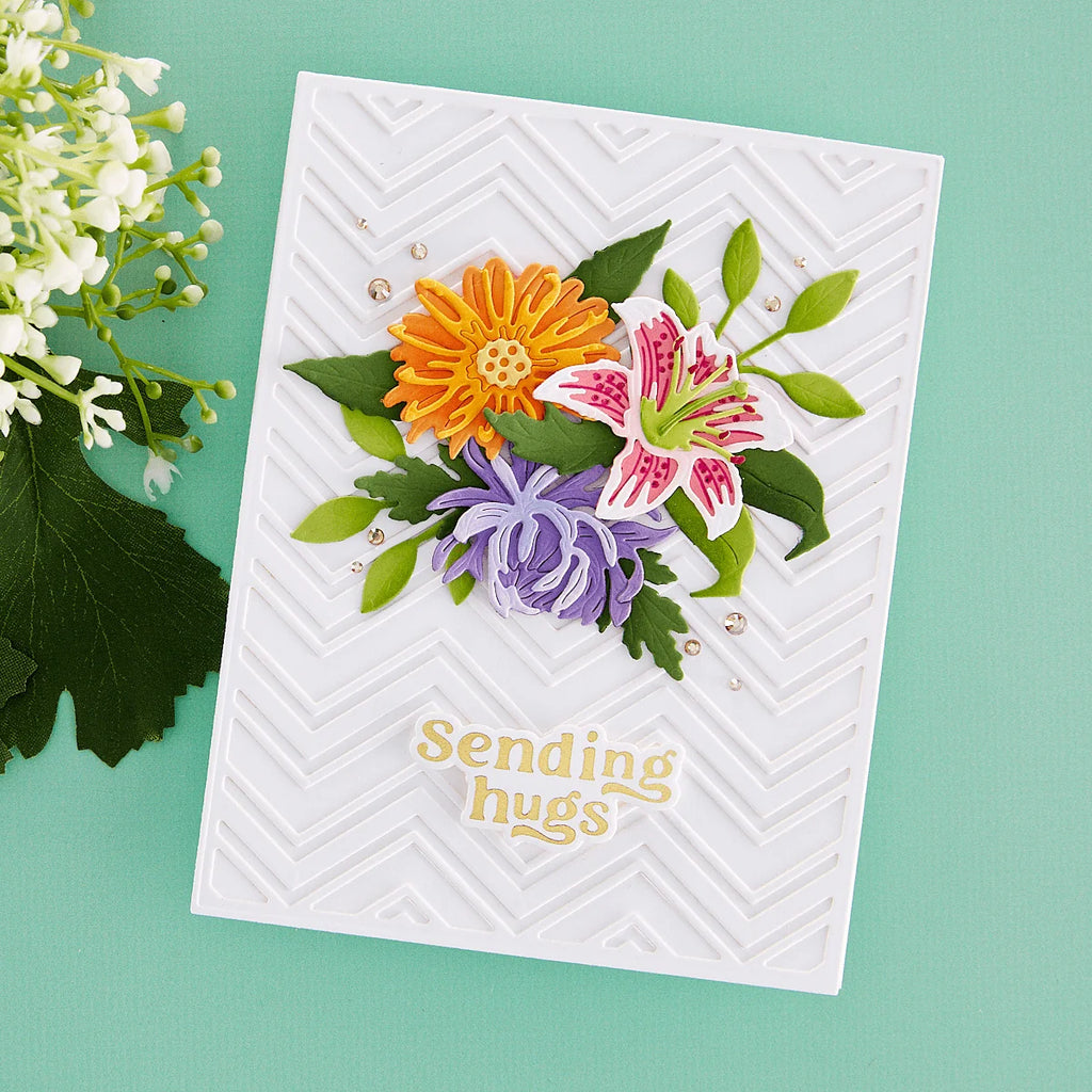 Spellbinders Must-Have Sentiments Press and Foil Plate and Die Set bp-390 bouquet of flowers white zig zag background sending hugs card