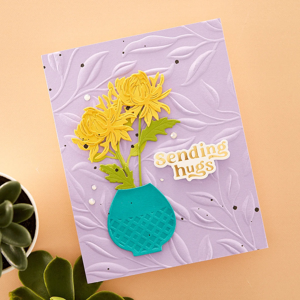 Spellbinders Must-Have Sentiments Press and Foil Plate and Die Set bp-390 yellow flowers in blue vase sending hugs card