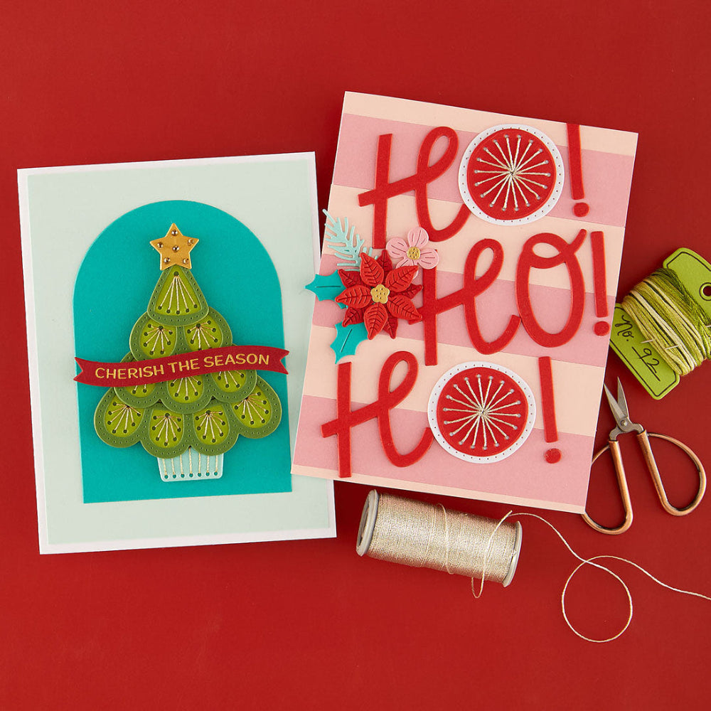 Spellbinders Oh Christmas Stitch I Want It All Die Set bd-1169 christmas tree poinsettia flower cherish the season card