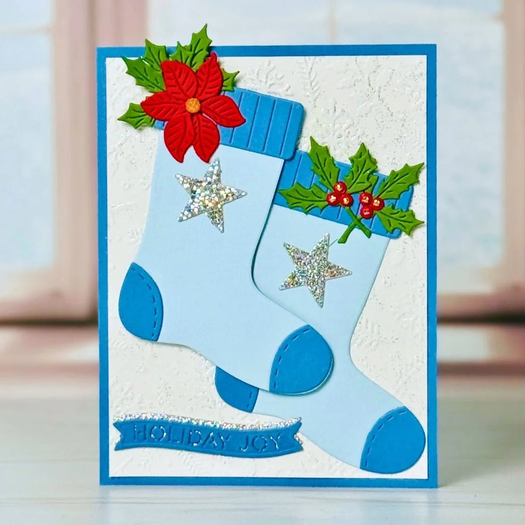Spellbinders Old-Fashioned Christmas Stocking Etched Dies with Simple Stories s5-777 blue socks sparkle stars holiday joy card