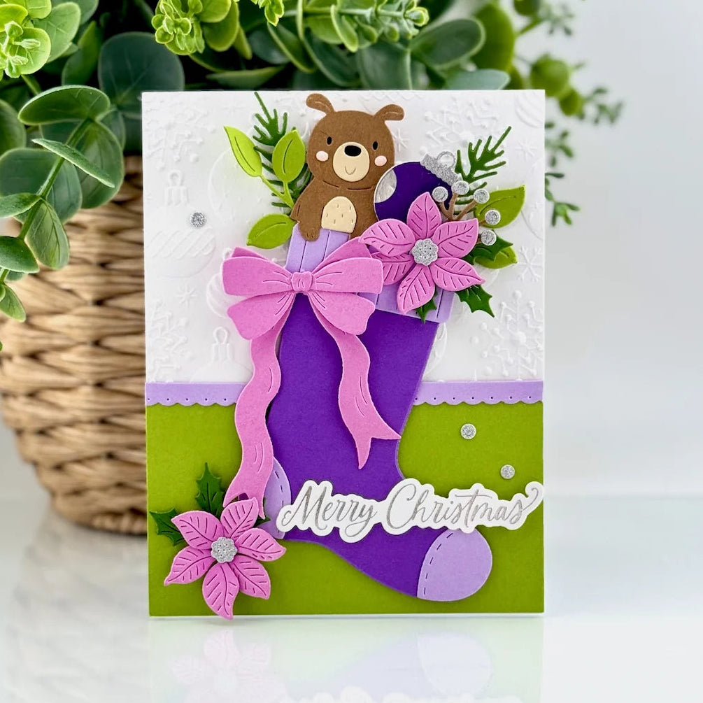 Spellbinders Old-Fashioned Christmas Stocking Etched Dies with Simple Stories s5-777 purple sock with teddy bear pink bow merry christmas card