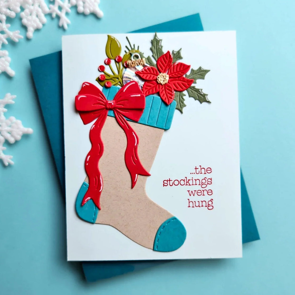Spellbinders Old-Fashioned Christmas Stocking Etched Dies with Simple Stories s5-777 red ribbon bow garland berries card