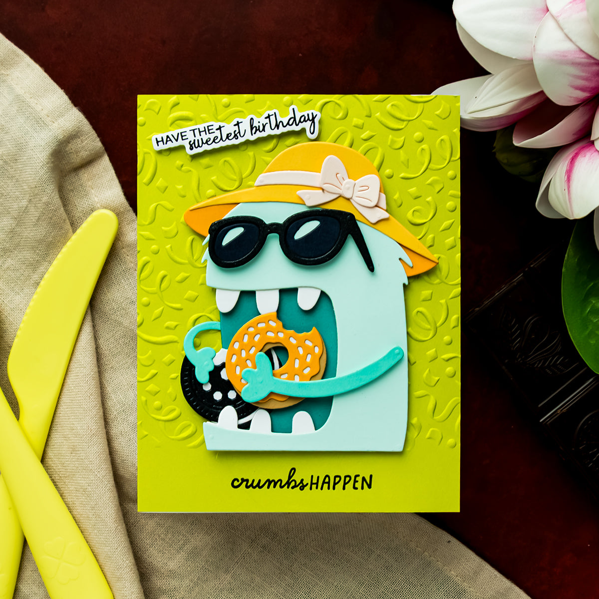 Spellbinders One More Bite Etched Dies s5-778 yellow sunhat sunglasses donuts cookies green birthday card yana smakula