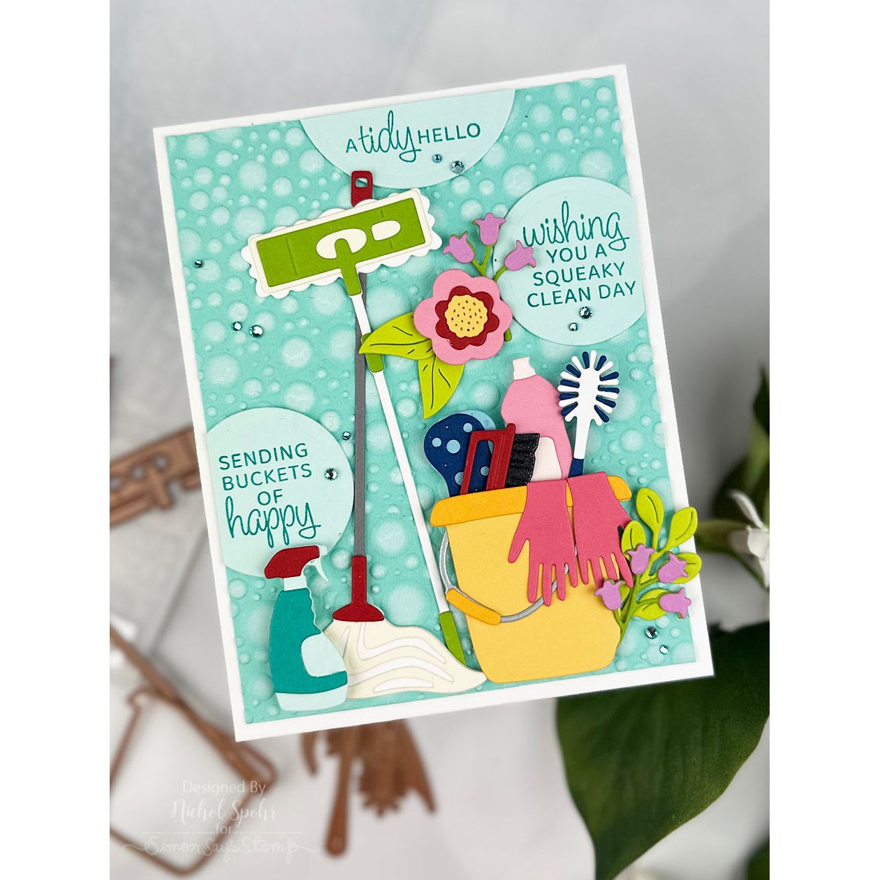 Spellbinders Petal Fresh Etched Dies s3-573 mop bucket gloves cleaning supplies flowers a tidy hello card nichol spohr