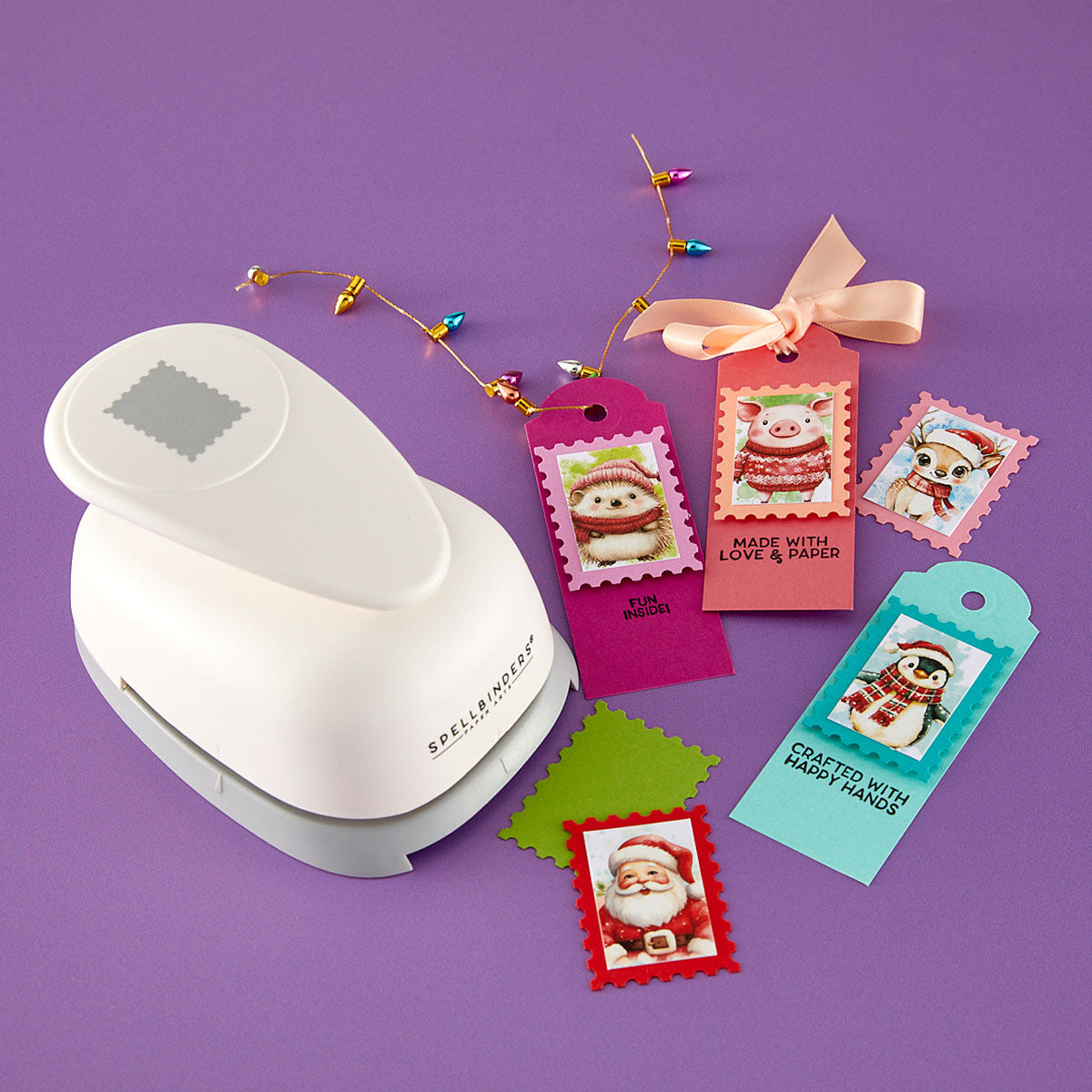 Spellbinders Postage Stamp Punch t-119 animal stamps colored tag cards