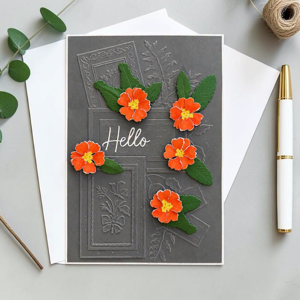 Spellbinders Primrose Etched Dies s2-447 orange yellow flowers frame background hello card