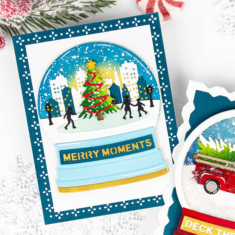 Spellbinders Quilted Etched Dies s5-781 ice skaters buildings tree snow globe merry moments card