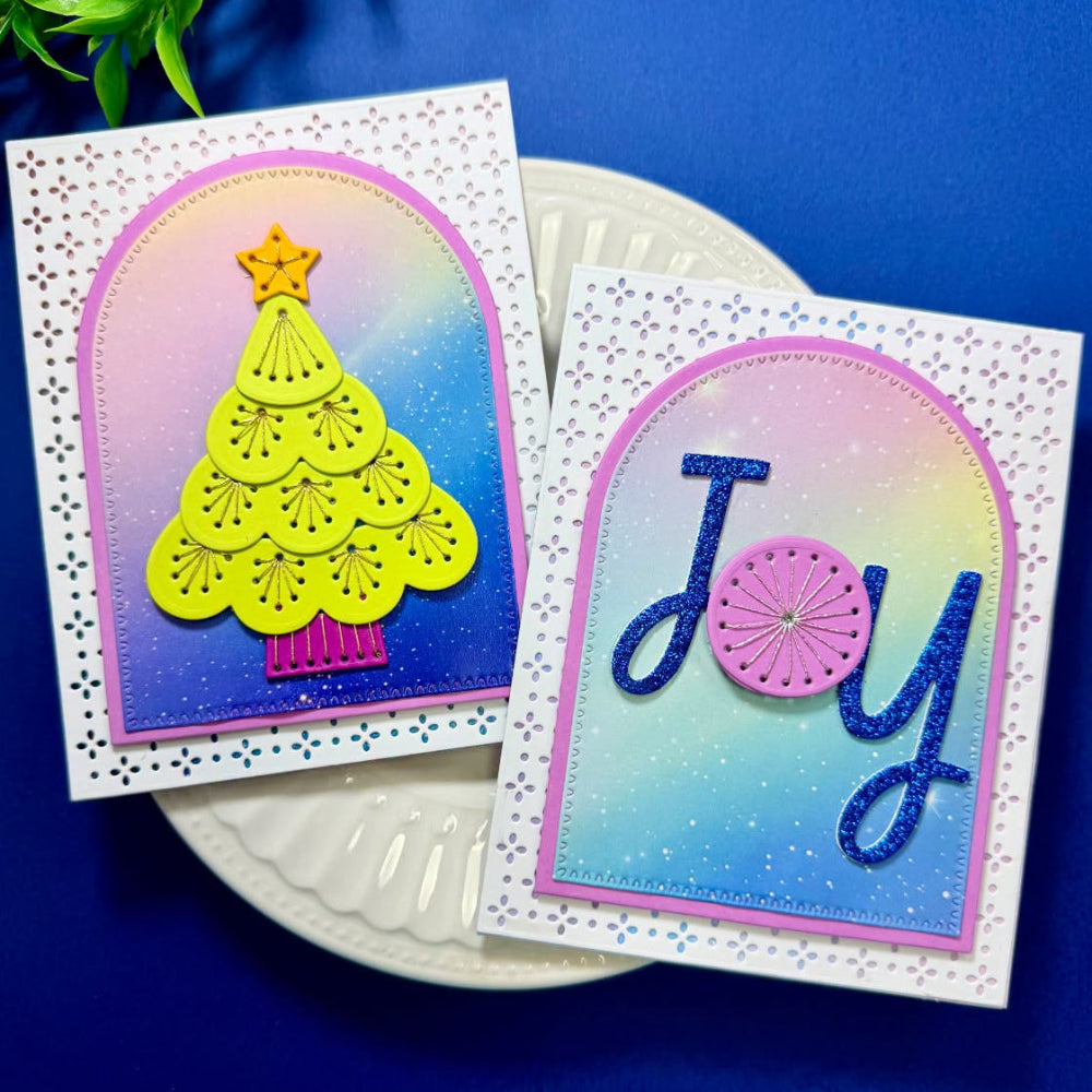 Spellbinders Quilted Etched Dies s5-781 stitched tree purple arch joy cards