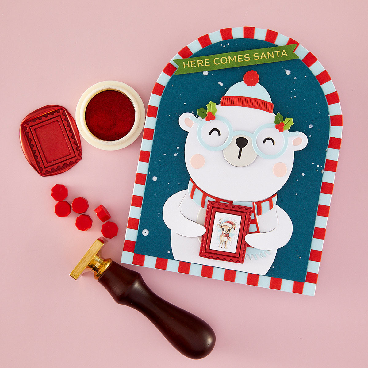 Spellbinders Red Bullion Wax Seal Powder wsa-007 her comes santa bear card