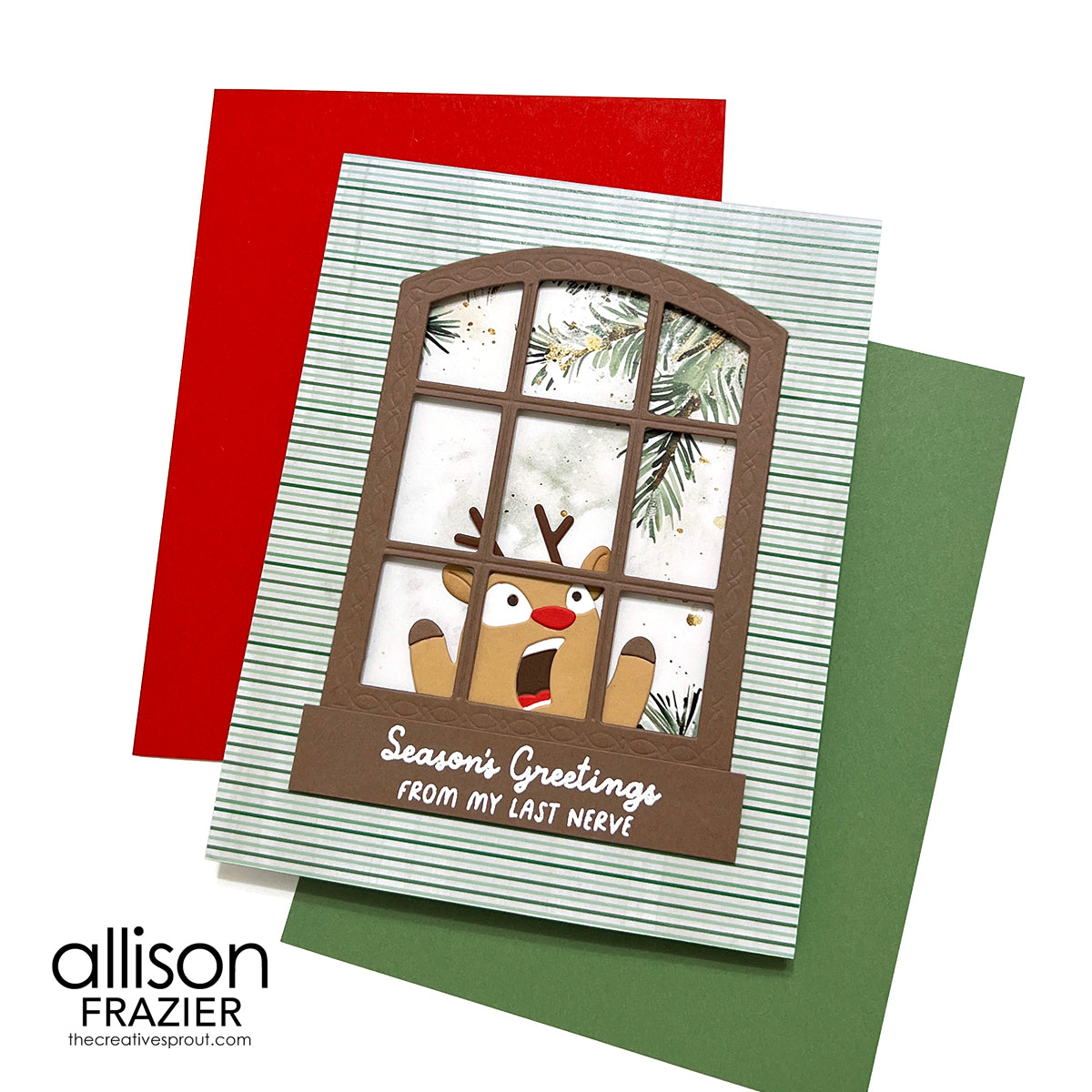 Spellbinders Rein It In Stamp and Die Set sds-245 reindeer tree brown window frame season's greetings card allison frazier