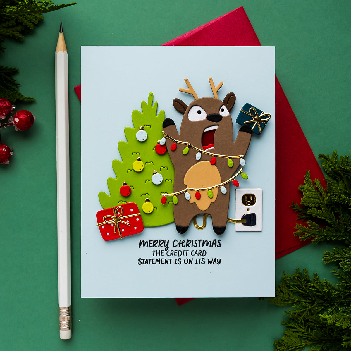 Spellbinders Rein It In Stamp and Die Set sds-245 reindeer with lights present tree  merry christmas card