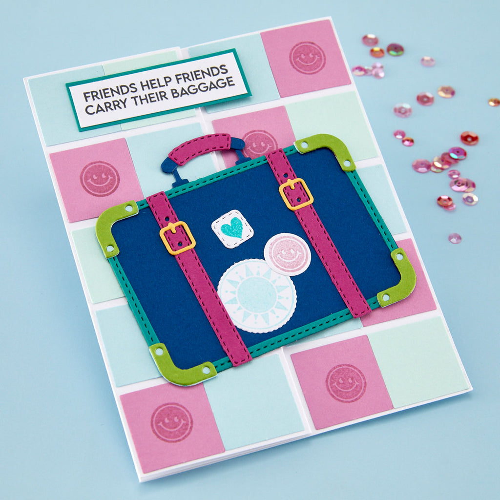Spellbinders Retro Suitcase and Sentiments Stamp and Die Set sds-221 friends