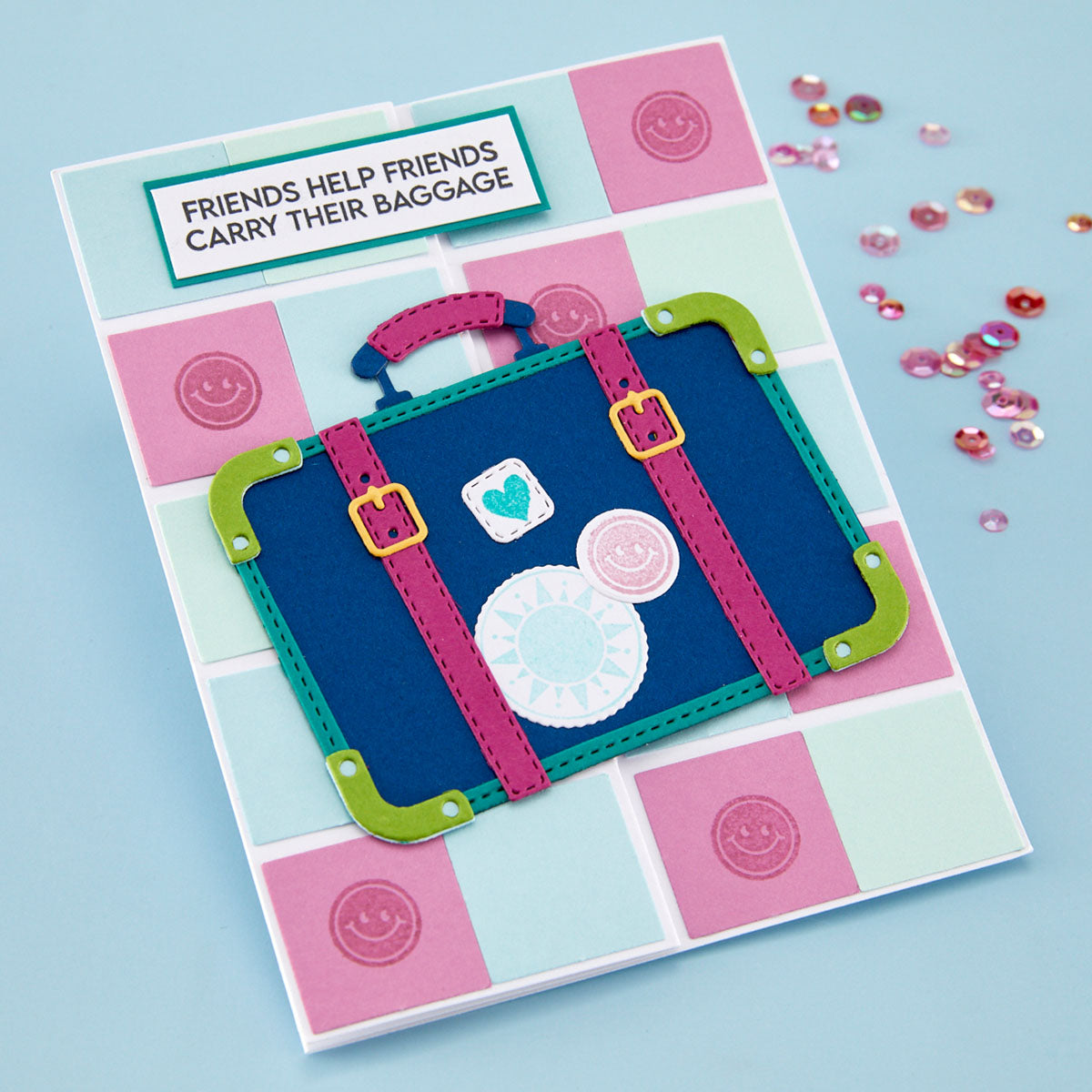 Spellbinders Retro Suitcase and Sentiments Stamp and Die Set sds-221 friends