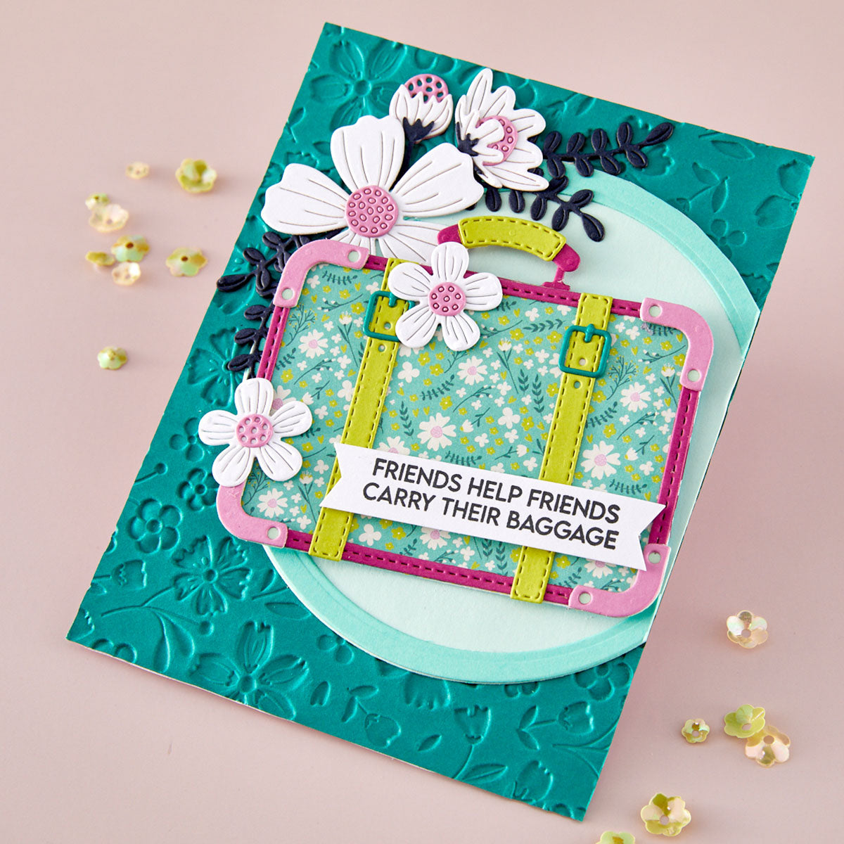 Spellbinders Retro Suitcase and Sentiments Stamp and Die Set sds-221 friends help