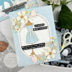 Spellbinders Ribbons and Seams 3D Embossing Folder e3d-173 blue dress flowers bow background birthday card nichol spohr