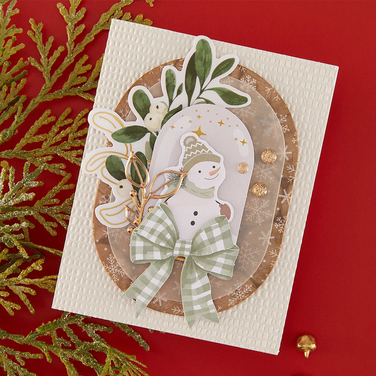 Spellbinders Rosie's Studio Sleigh Bells Ring 12x12 Paper Pack 169395 garland with white berries snowman green plaid bow christmas card