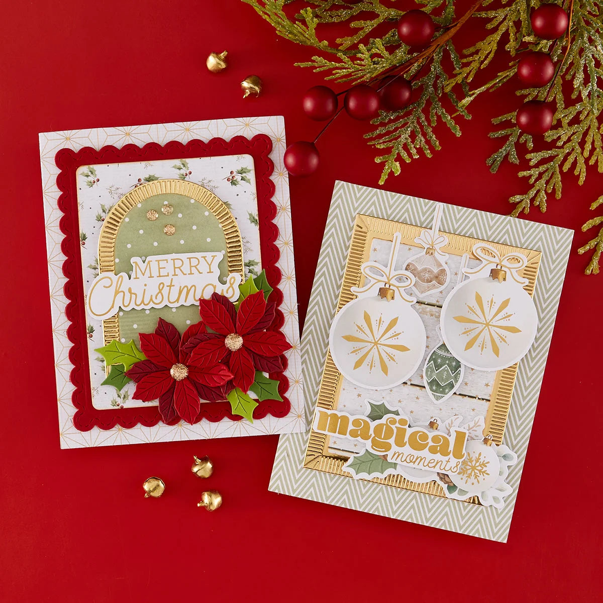 Spellbinders Rosie's Studio Sleigh Bells Ring 12x12 Paper Pack 169395 white snowflake ornaments red poinsettia flowers gold trim christmas cards