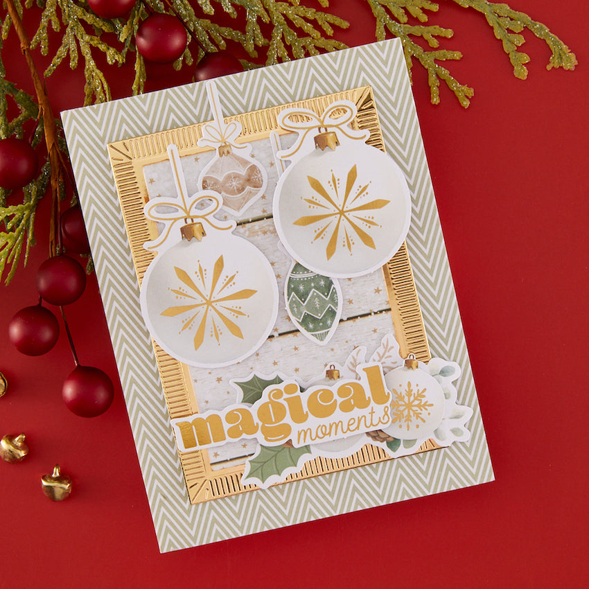 Spellbinders Rosie's Studio Sleigh Bells Ring 6x6 Paper Pad 169394 white ornaments gold frame outline magical moments card