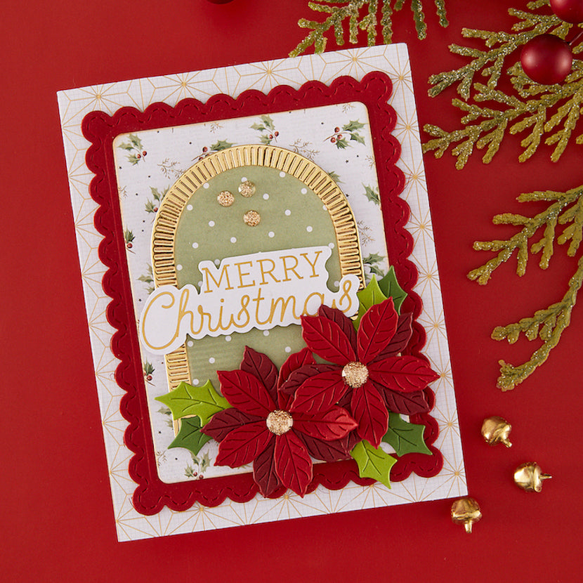 Spellbinders Rosie's Studio Sleigh Bells Ring Cardstock Diecut Ephemera Sentiments 169398 red flowers red trim gold arch merry christmas card