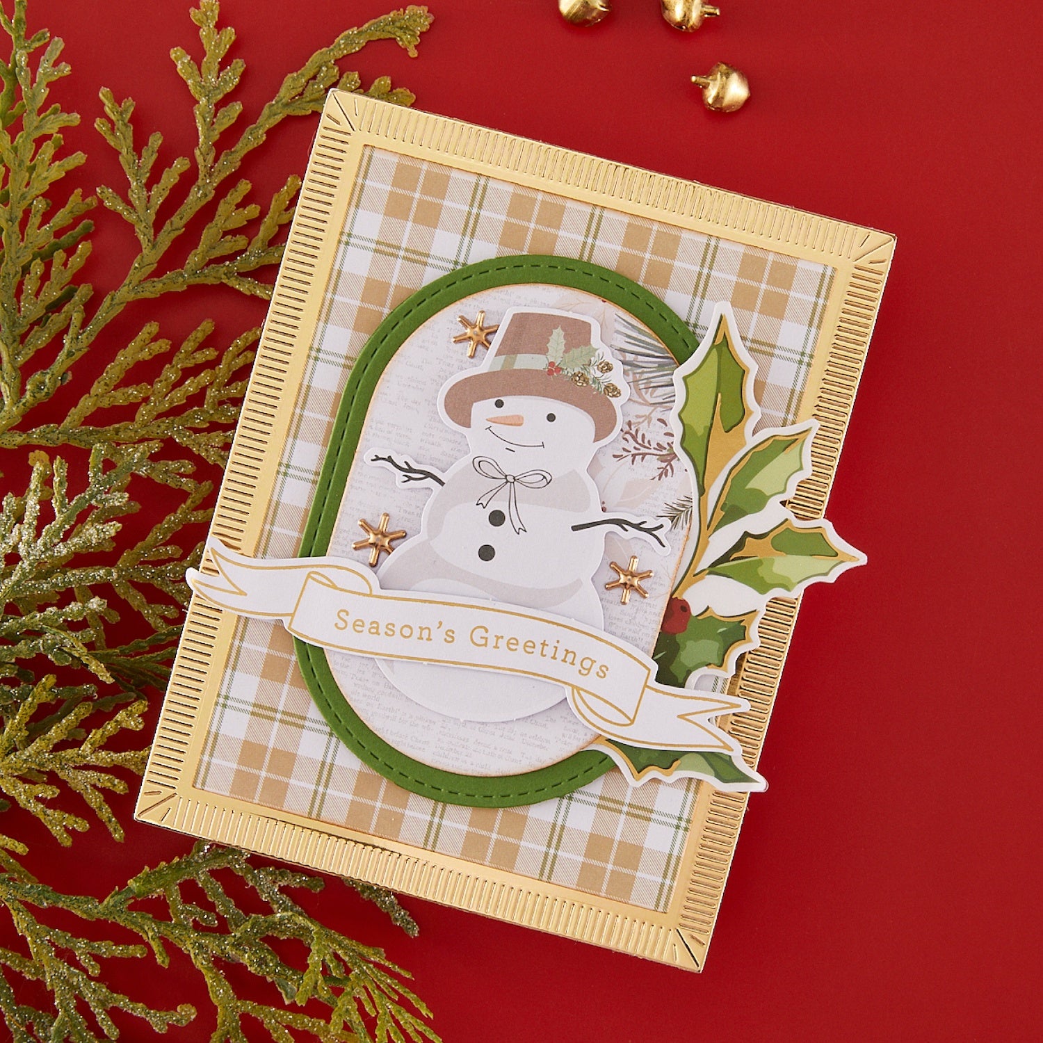 Spellbinders Rosie's Studio Sleigh Bells Ring Clear Foliage Stickers 169473 snowman gold trim frame garland season's greetings card