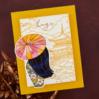 Spellbinders Scenic Kyoto Press and Foil Plates bp-383 girl with umbrella gold trim border hugs card