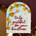 Spellbinders Shoji Screen 3D Embossing Folder e3d-189 orange leaves on branches blue background arch card