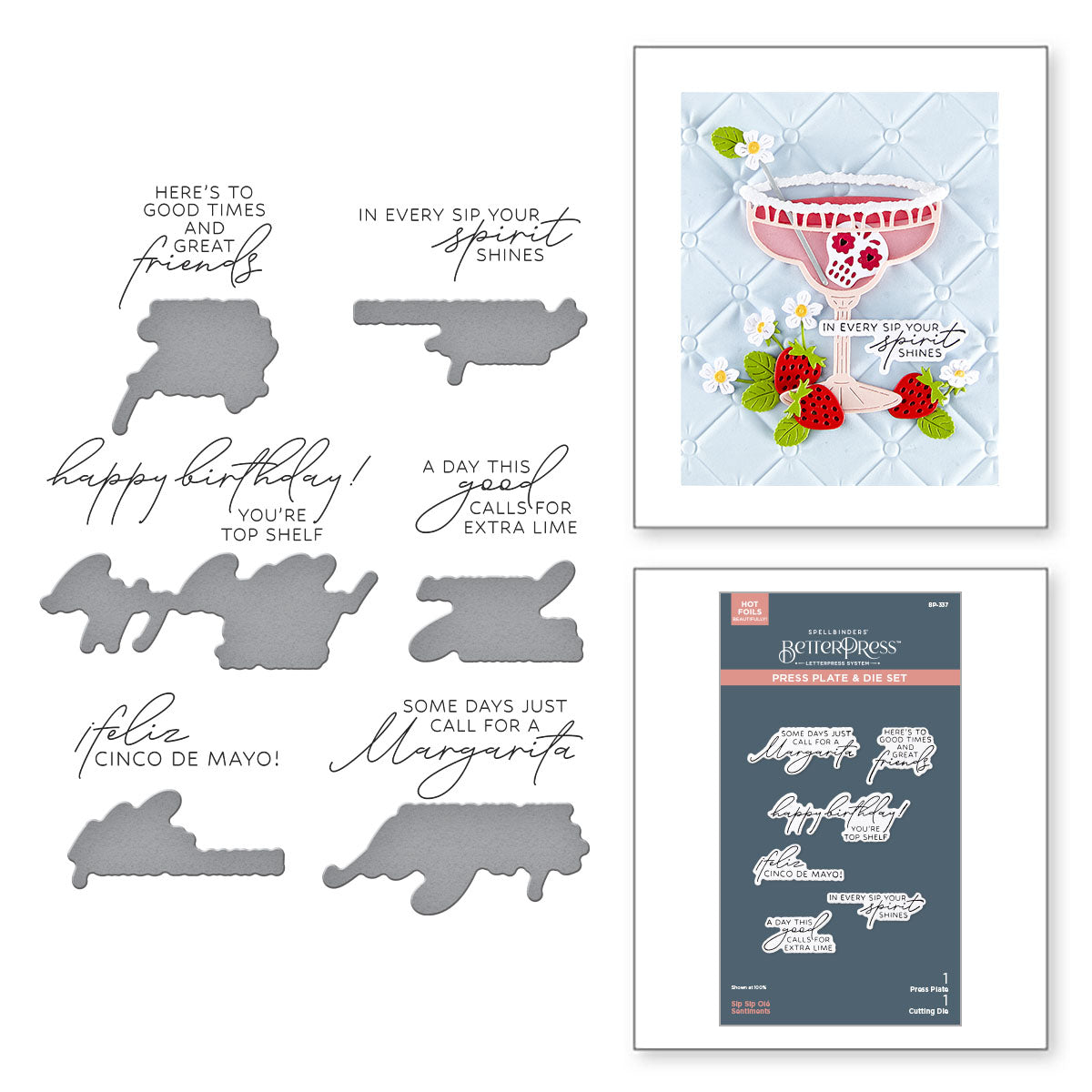 Spellbinders Sip Sip Ole Sentiments BetterPress Plate and Die Set bp-337