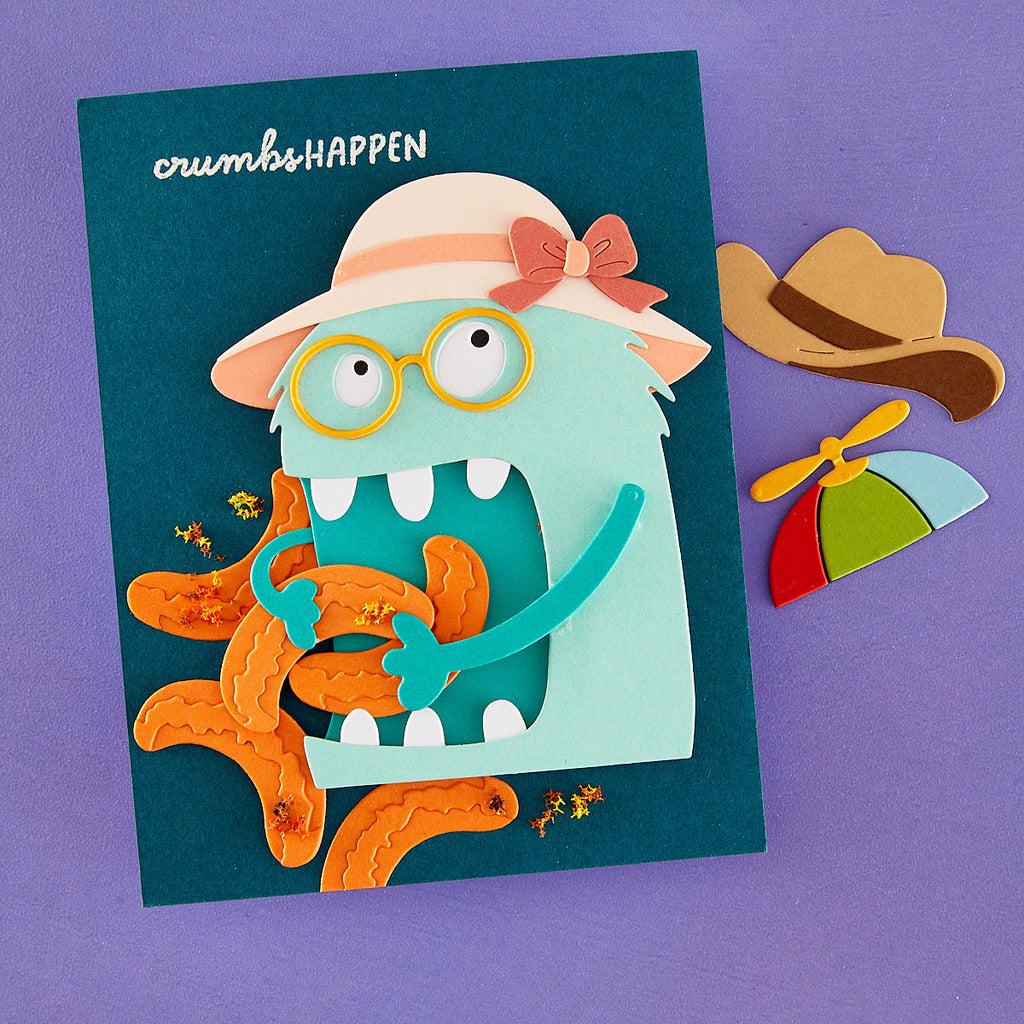 Spellbinders Snack Goals I Want It All Stamp and Die Set bd-1153 monsters crumbs happen eating cheetos
