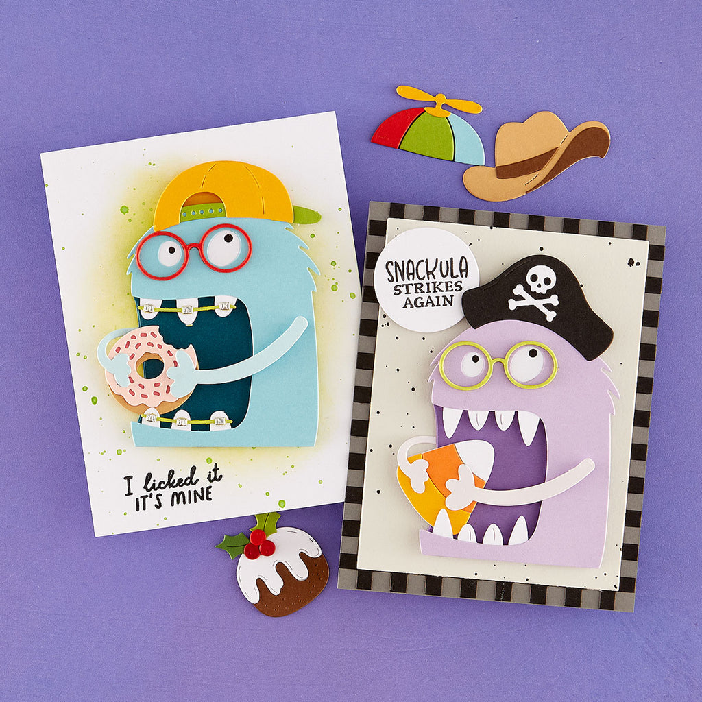 Spellbinders Snack Goals I Want It All Stamp and Die Set bd-1153 monsters eating donuts candy corn halloween cards