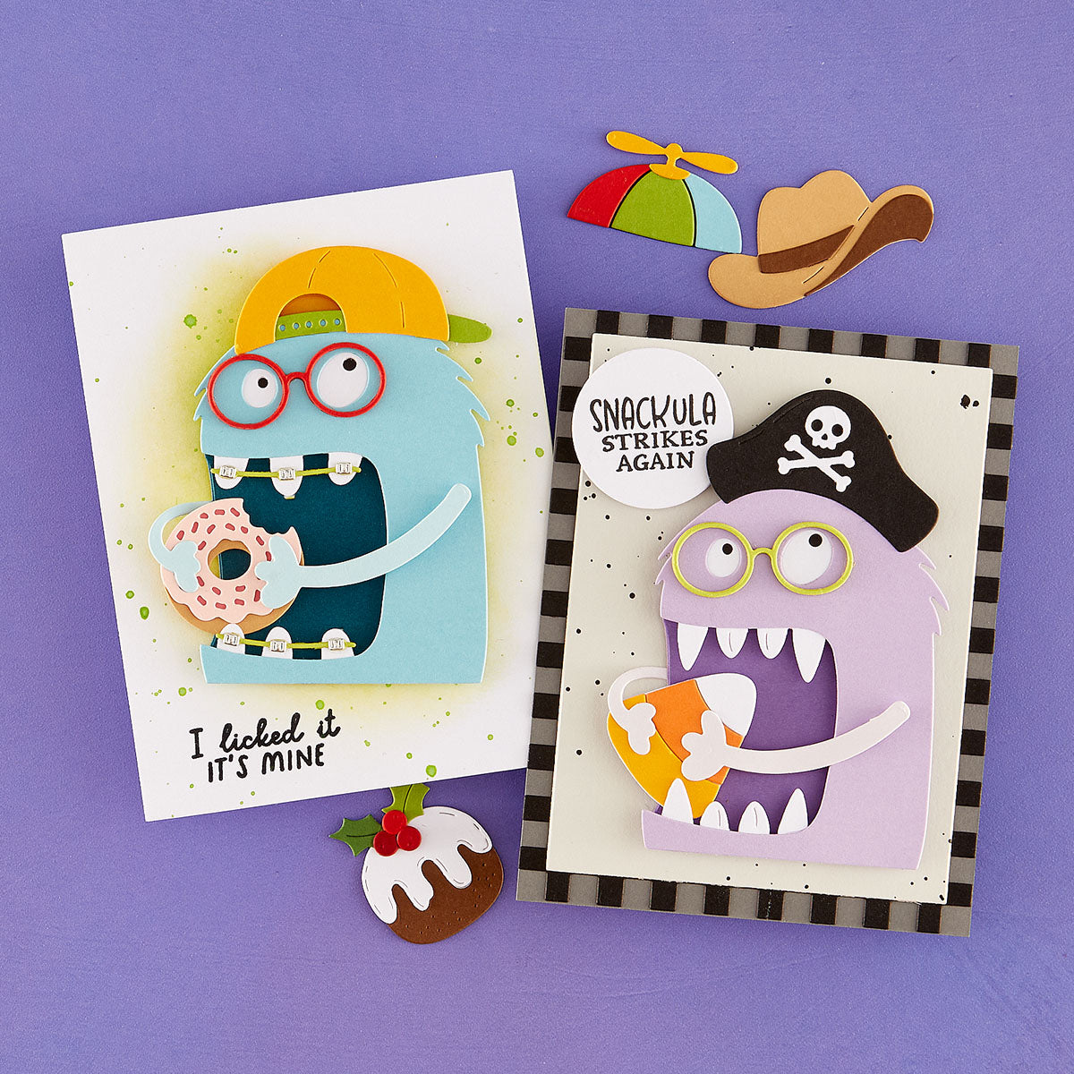 Spellbinders Snack Goals I Want It All Stamp and Die Set bd-1153 monsters eating donuts candy corn halloween cards