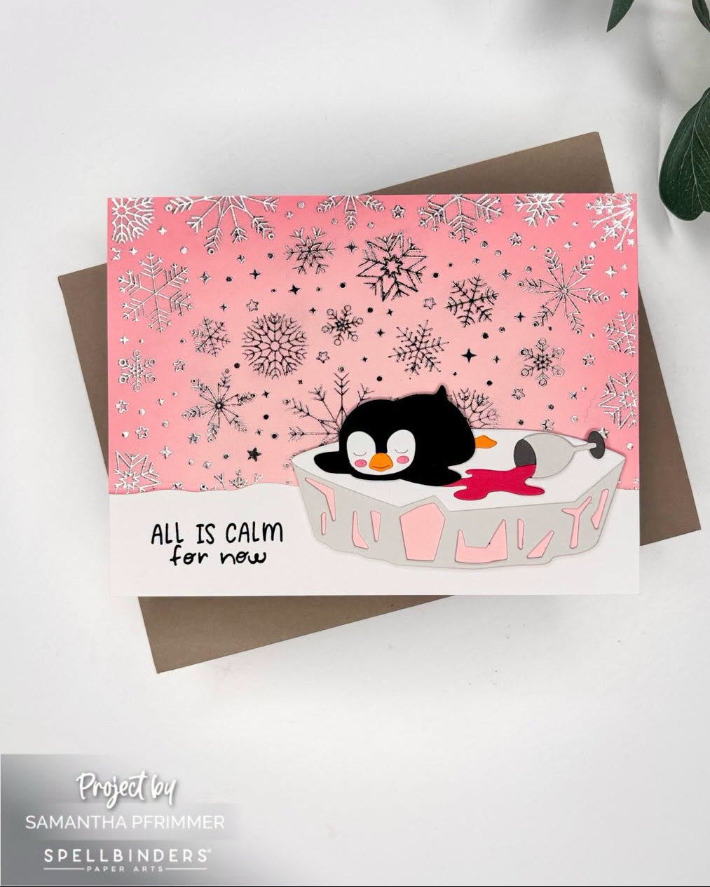 Spellbinders Snow Done Stamp and Die Set sds-243 penguin on ice burg  glimmer snowflakes all is calm for now card samantha pfrimmer