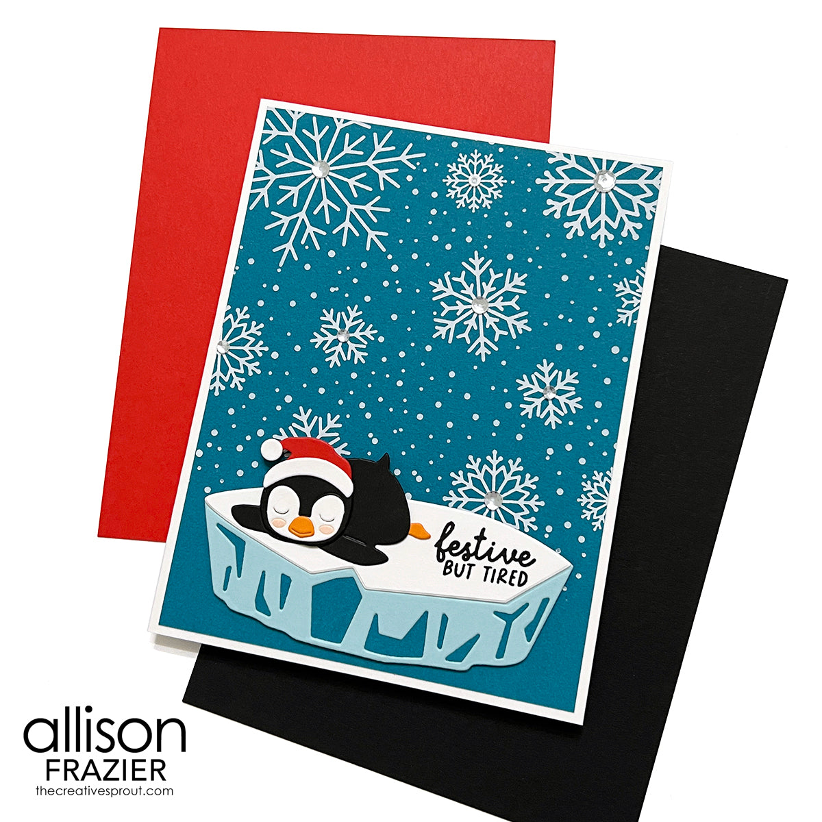 Spellbinders Snow Done Stamp and Die Set sds-243 penguin santa hat ice burg festive but tired card allison frazier