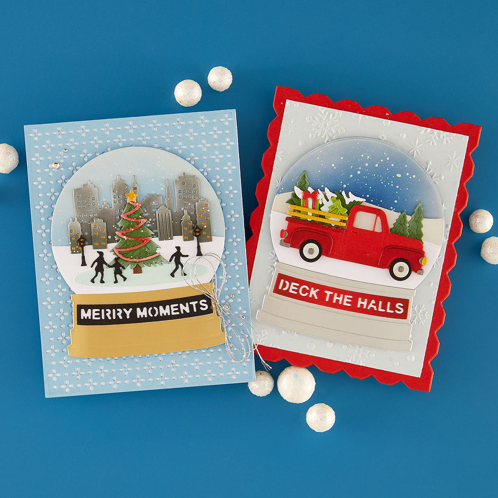 Spellbinders Snow Globe Scenes Die Set bd-1160 christmas tree ice skaters red truck merry moments deck the halls cards