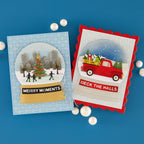 Spellbinders Snow Globe Scenes Die Set bd-1160 christmas tree ice skaters red truck merry moments deck the halls cards