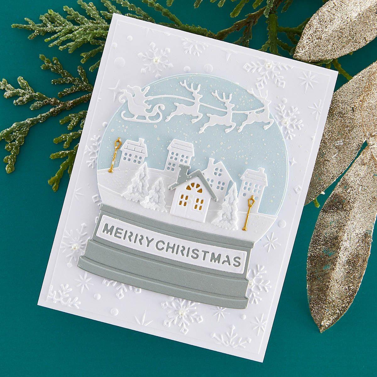 Spellbinders Snow Globe and Scenes Die Bundle santa sleigh reindeer white trees merry christmas card