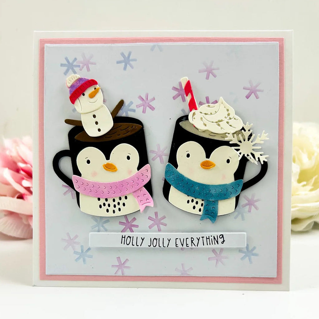 Spellbinders Snow Joy Stencil Set stn-109 penguin cups snowman in hot coco holly jolly everything card