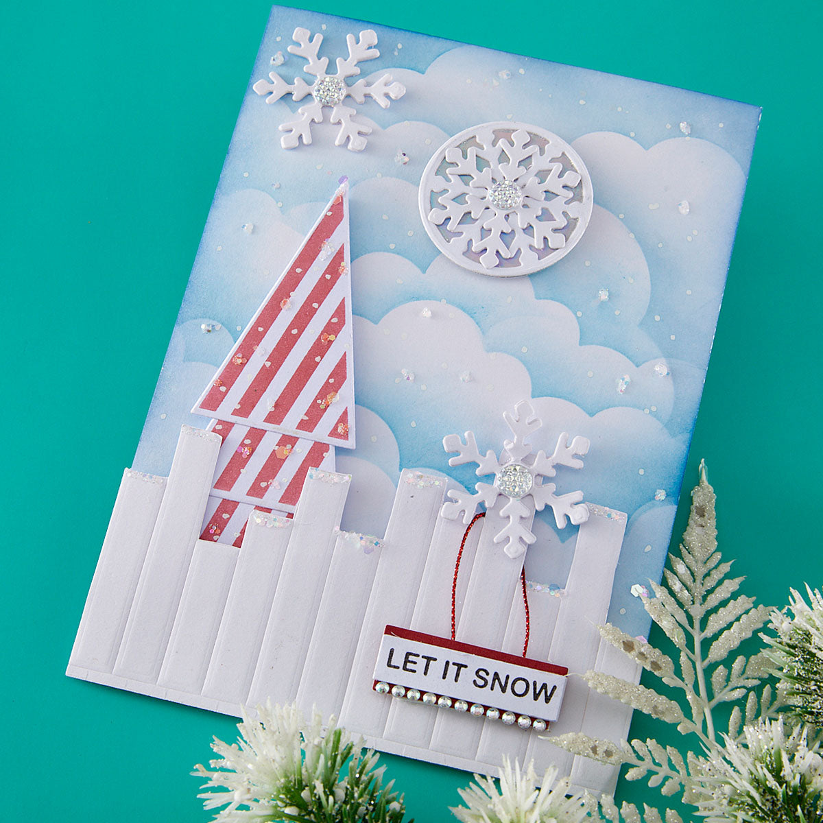 Spellbinders Snowflake Kisses Sentiments Press and Foil Plate and Die Set bp-377 clouds with snowflakes let it snow card