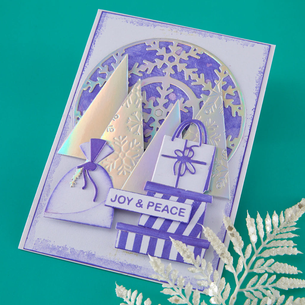 Spellbinders Snowflake Wreath Etched Dies s5-763 silver snowflake trees purple presents joy and peace card
