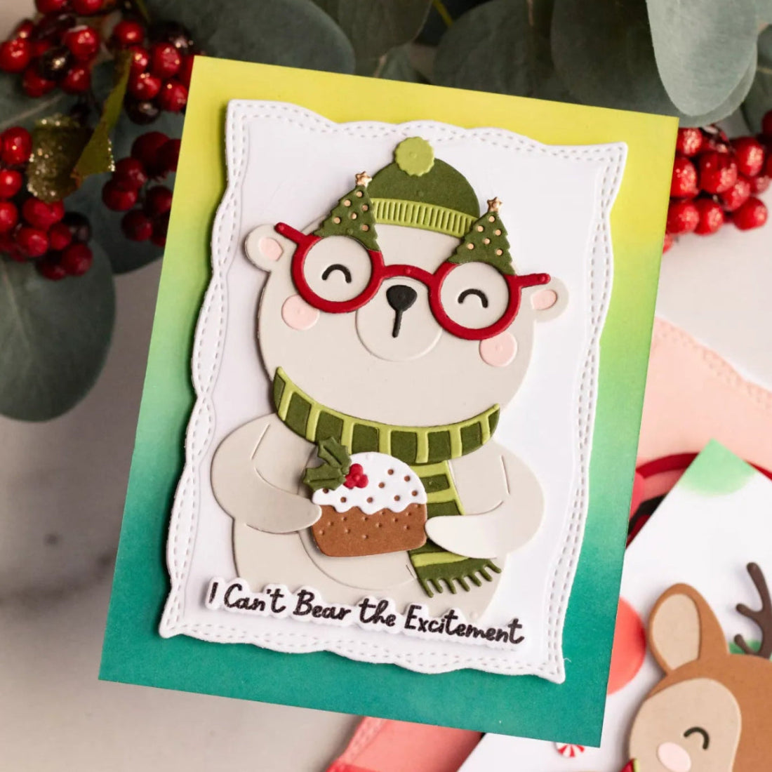 Spellbinders Spectacular Bear Etched Dies s5-722 bear with green scarf and hat red glasses i cant bear the excitement card