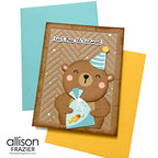Spellbinders Spectacular Bear Etched Dies s5-722 brown bear wearing birthday hat gold fish card allison frazier