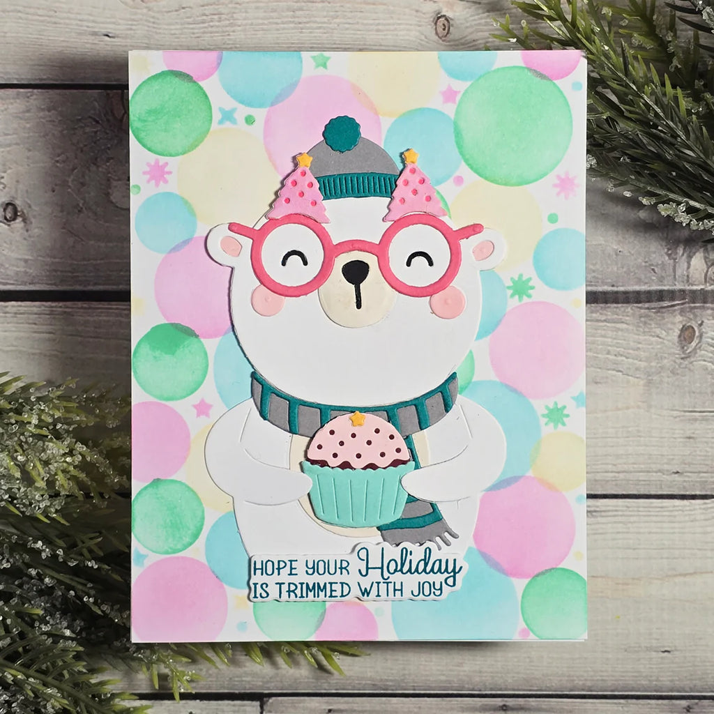 Spellbinders Spectacular Bear Etched Dies s5-722 polar bear holding cupcake striped scarf tree glasses card