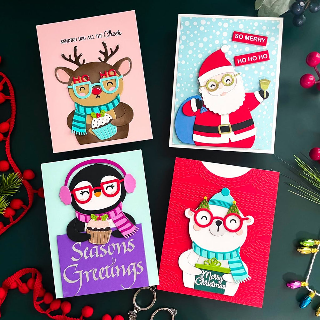 Spellbinders Spectacular Christmas I Want It All Stamp and Die Bundle sant apenguin bear deer holiday cards