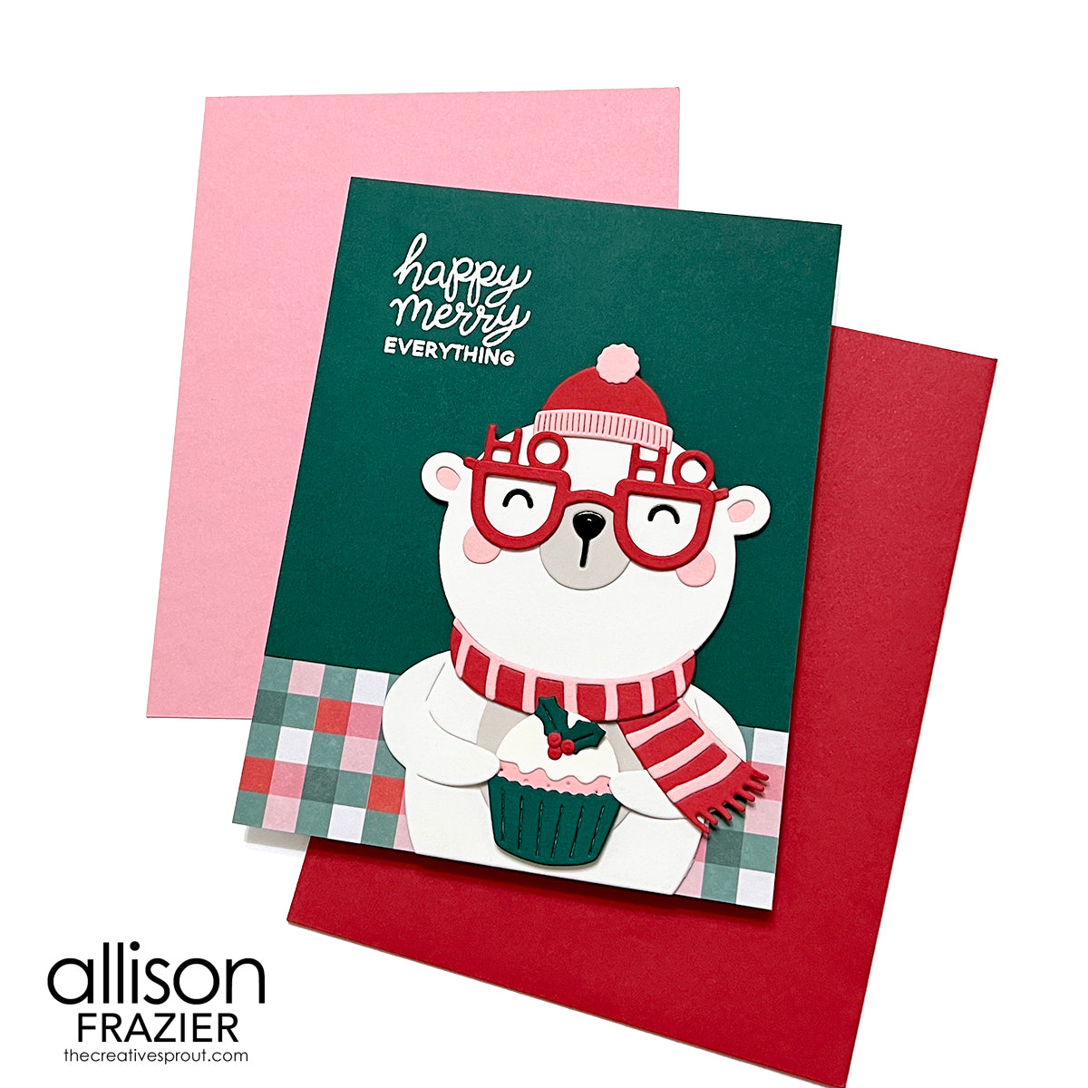 Spellbinders Spectacular Deer and Bear Body Die Bundle bear wearing red glasses holding cupcake card allison frazier