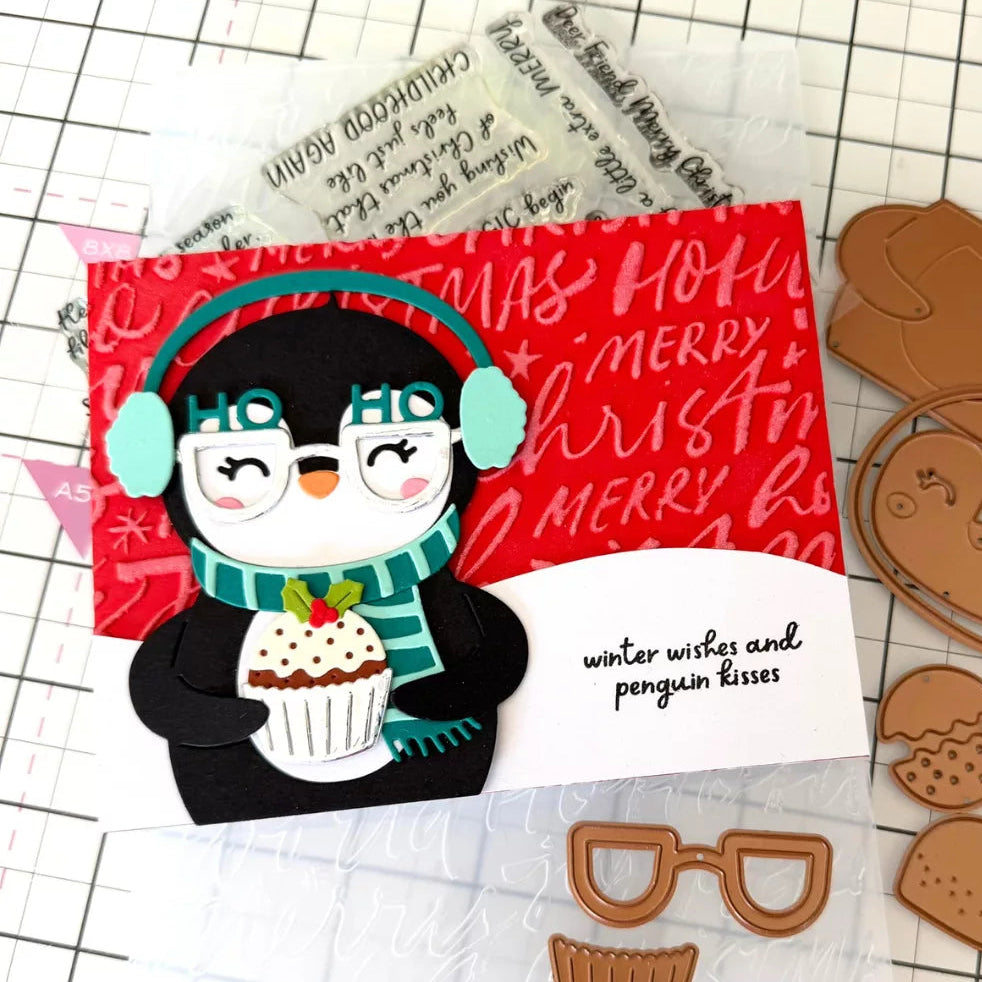 Spellbinders Spectacular Penguin Etched Dies s3-565 blue scarf and earmuffs cupcake penguin winter wishes card